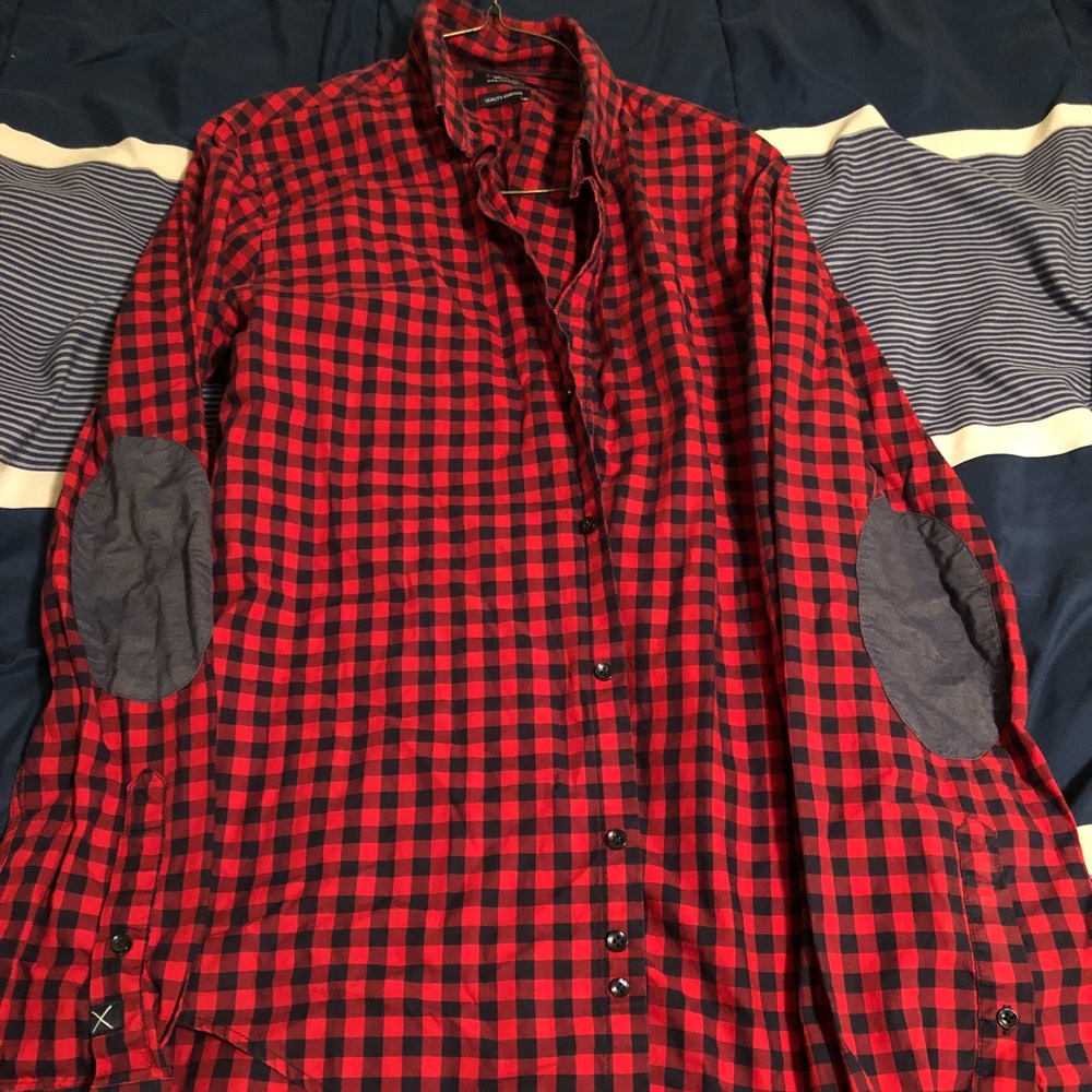 Zara Mens checkered dress shirt blue elbow pads